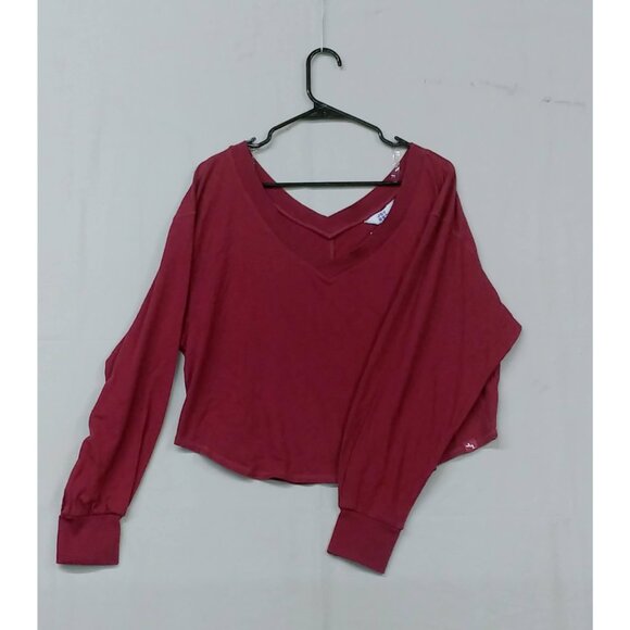 NWT Joy Lab Women's Medium Cranberry Boxy Fit V-Neck Long Sleeve Top Crop Shirt - Picture 7 of 13